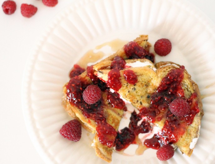 Marshmallow Fluff Stuffed French Toast with Homemade Raspberry Sauce