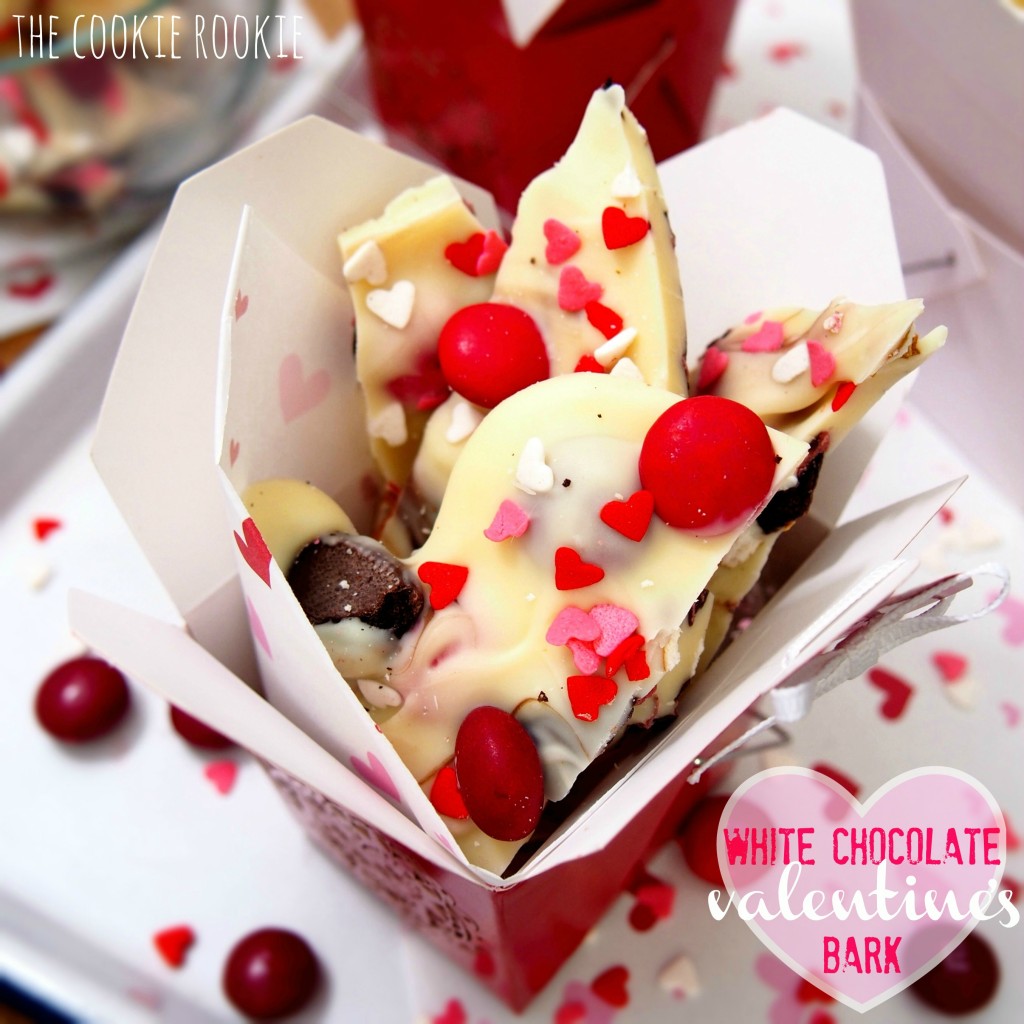White Chocolate Valentine's Bark, made with Cherry M&Ms and Raspberry Oreos.  YUM!