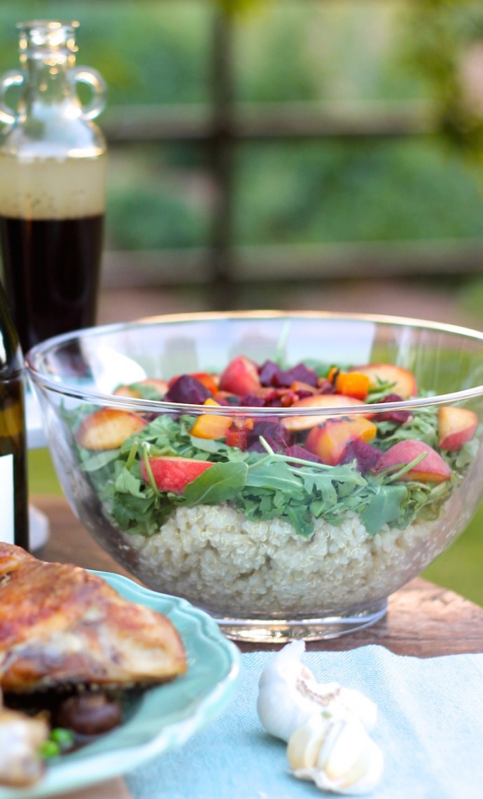 Quinoa Arugula Salad with Beets, Peaches & Walnuts Tossed in a Pinot Noir Vinaigrette