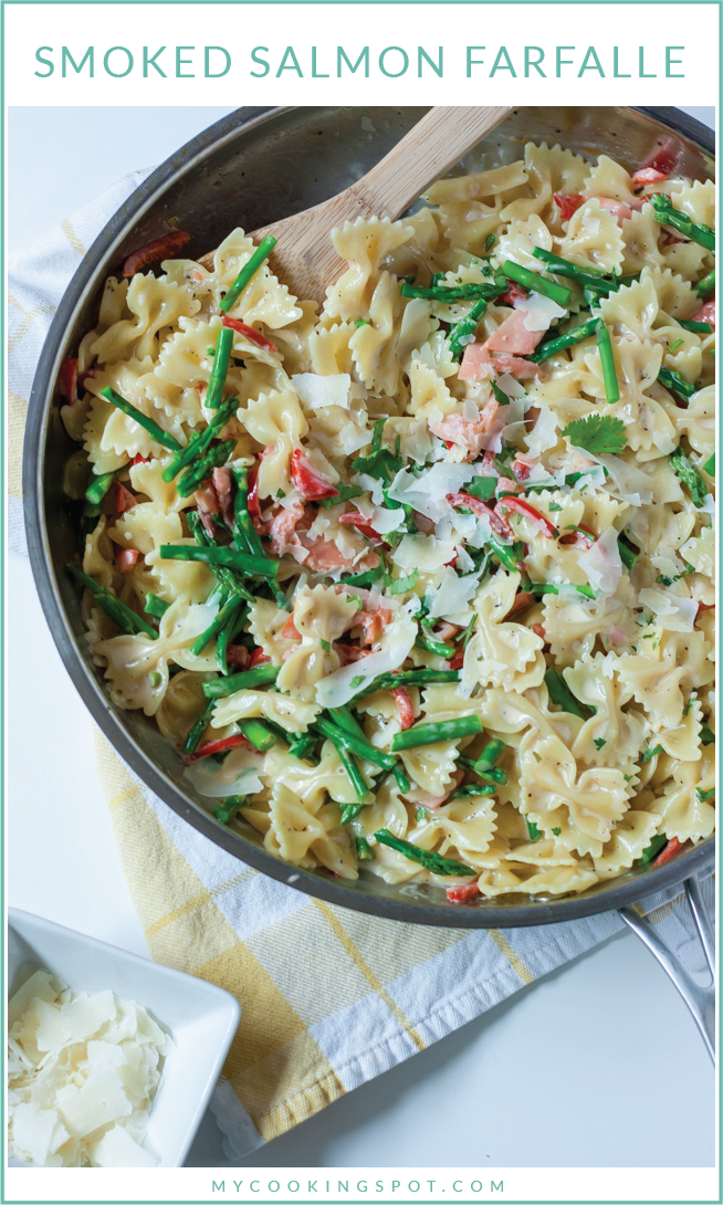 Smoked salmon farfalle pasta with asparagus and red bell peppers–a perfect Spring meal!