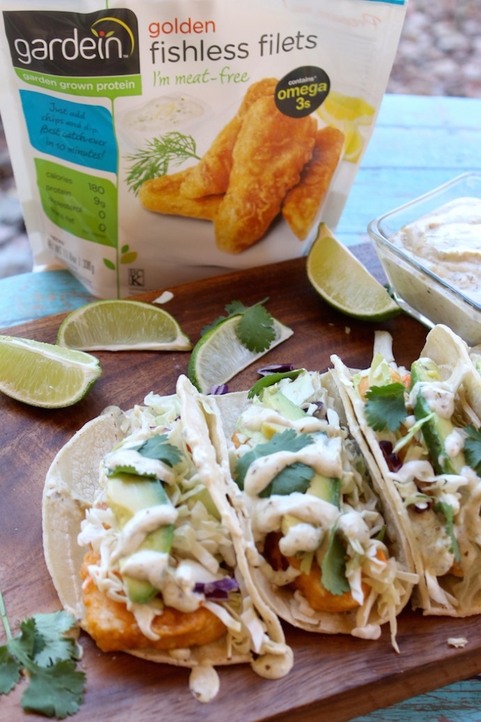 Vegan Fish Tacos with Creamy Avocado Salsa Verde Sauce