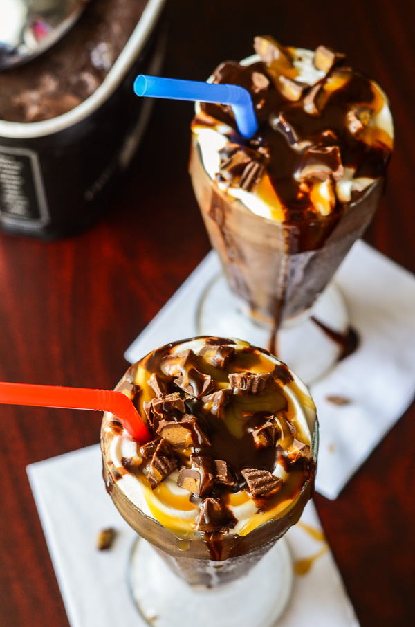 Boozy Caramel Peanut Butter Cup Milkshakes | Chocolate, caramel, peanut butter overload! Get the recipe on MyCookingSpot.com!