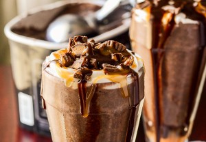 Caramel Peanut Butter Cup Milkshakes | Chocolate, caramel, peanut butter overload! Get the recipe on MyCookingSpot.com!