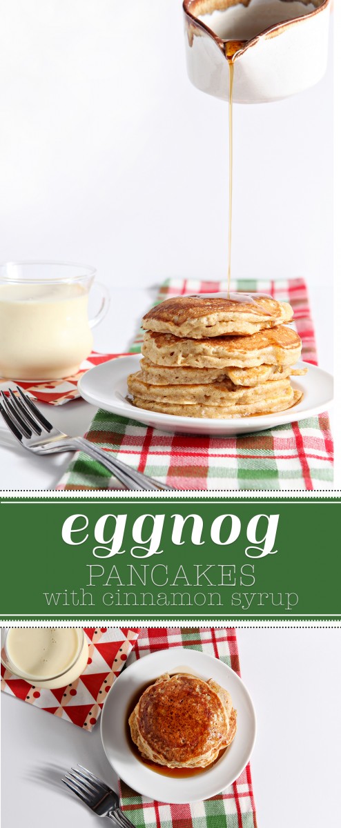 'Tis the season for eggnog and decadent breakfast! These Eggnog Pancakes with Cinnamon Syrup are the perfect Christmas Day treat to devour after opening presents beneath the tree.