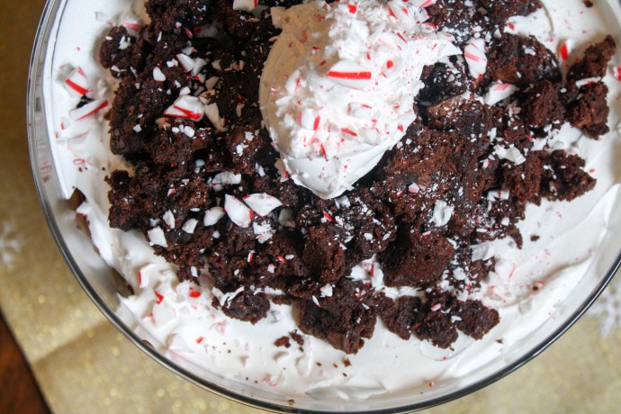 Peppermint Brownie Trifle // Layers of brownie pieces, chocolate pudding, cool whip and candy cane pieces create a beautiful holiday dessert