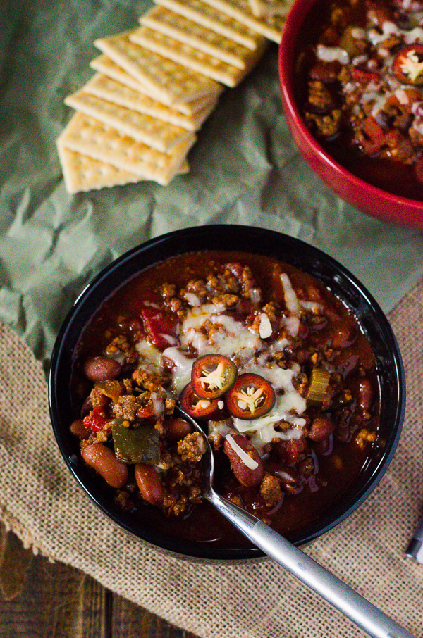 East Slow Cooker Chili - toss it on in the morning, have it ready by game time (or dinnertime!) | Get the recipe on MyCookingSpot.com!