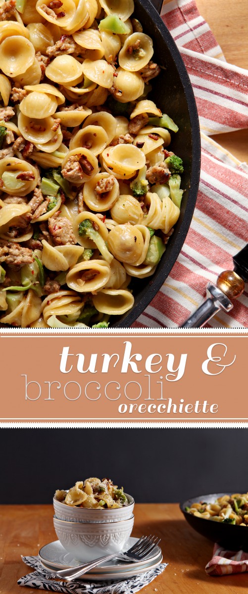 Quickly cooked and easy to eat, Turkey and Broccoli Orecchiette is the perfect weeknight meal for a busy family. Ground turkey is cooked with garlic and spices, then tossed with broccoli, orecchiette and parmesan to make a delectable dish.