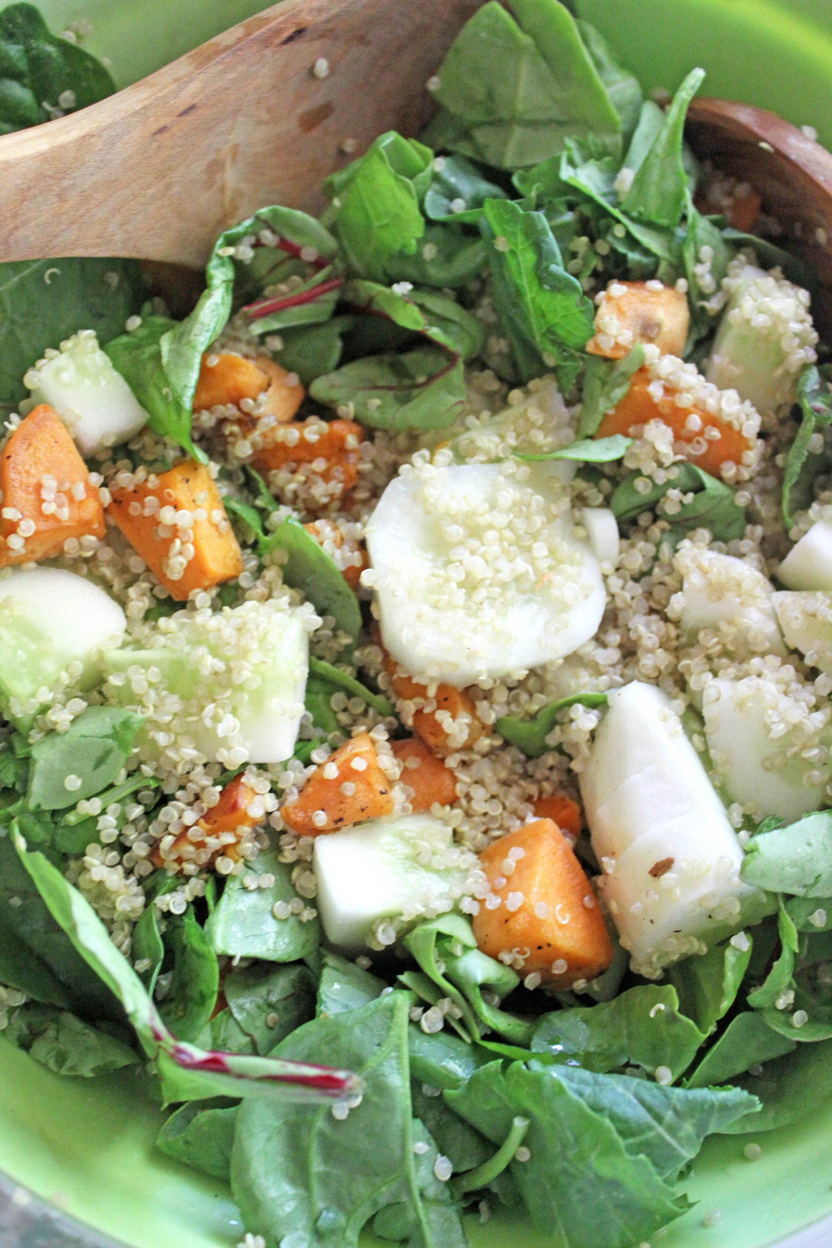 Kale Salad with Quinoa, Sweet Potatoes and Cucumbers