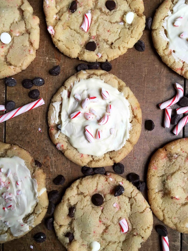 Chocolate chip cookies receive a makeover just in time for Christmas! These Peppermint Chocolate Chip Cookies include crushed candy canes and a sweet topping.