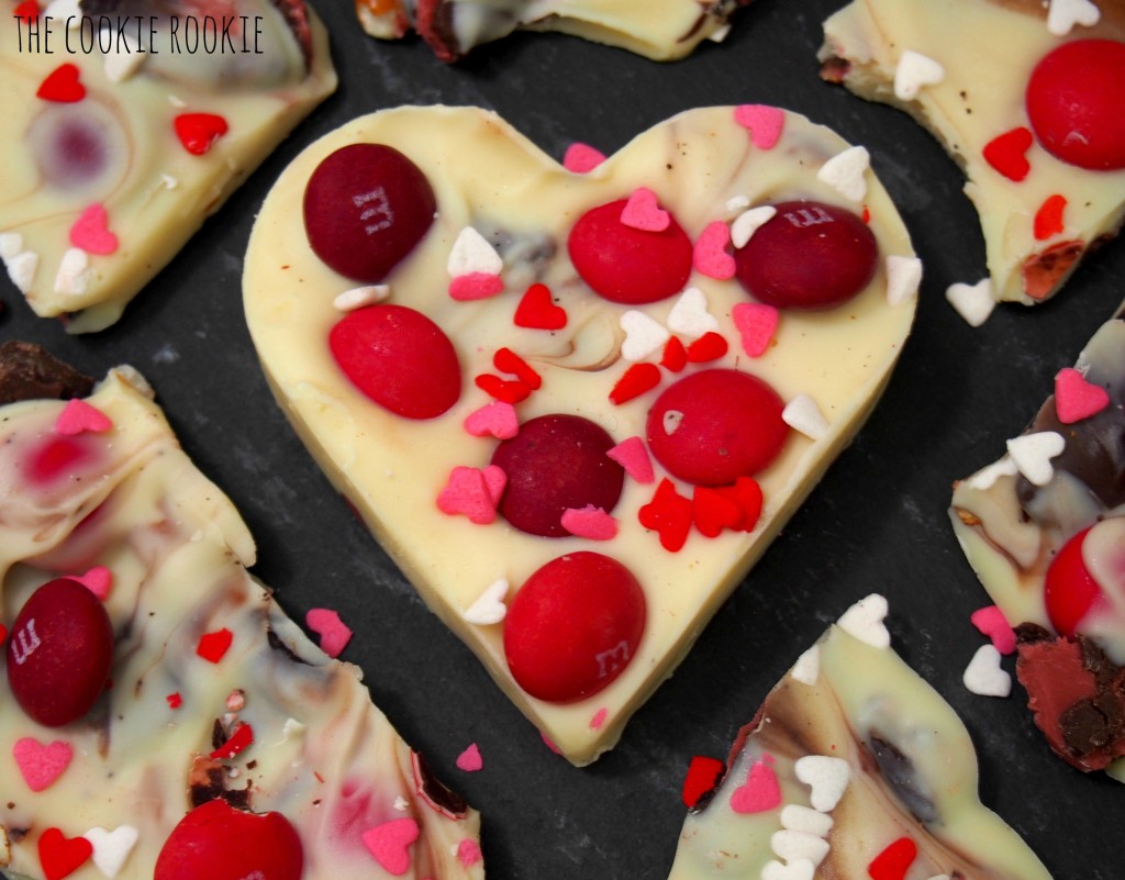 White Chocolate Valentine's Bark, made with Cherry M&Ms and Raspberry Oreos.  YUM!