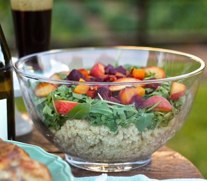 Quinoa Arugula Salad with Beets, Peaches & Walnuts Tossed in a Pinot Noir Vinaigrette
