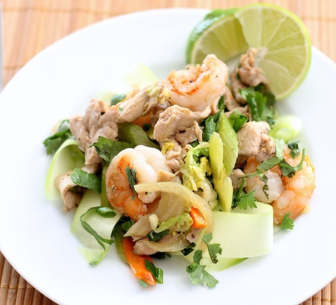 Filipino Pancit with Grilled Turkey over Zucchini “Noodles” (Low-Carb)