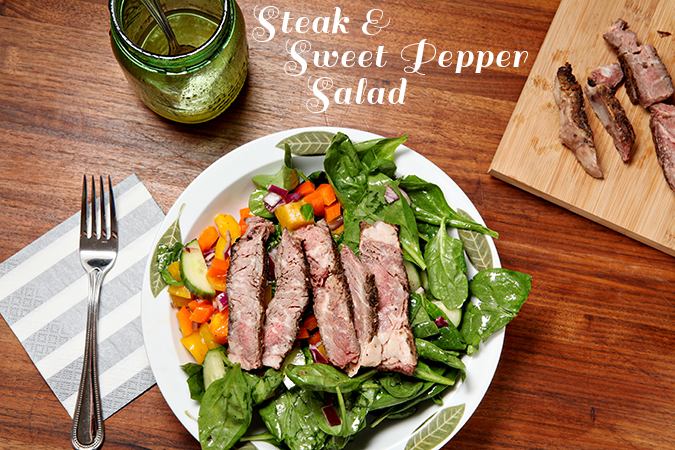 Steak and Sweet Pepper Salad | Summertime salads are delicious, especially when they call for all kinds of fresh vegetables. This salad calls for fresh spinach, sweet peppers, cucumber, red onion and steak, then is topped with a simple mustard vinaigrette! What's not to love?