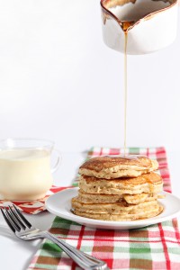 Eggnog Pancakes with Cinnamon Syrup