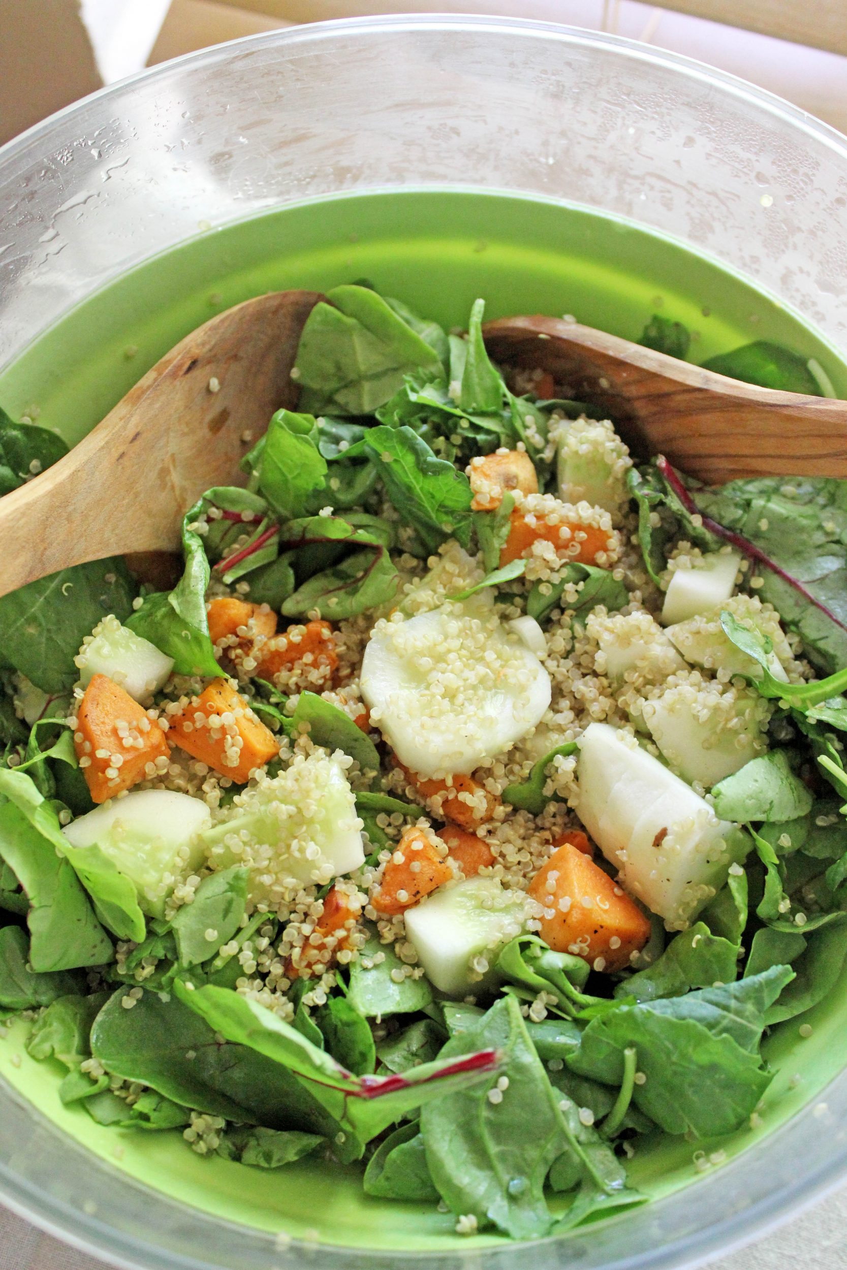 Kale Salad with Quinoa, Sweet Potatoes and Cucumbers